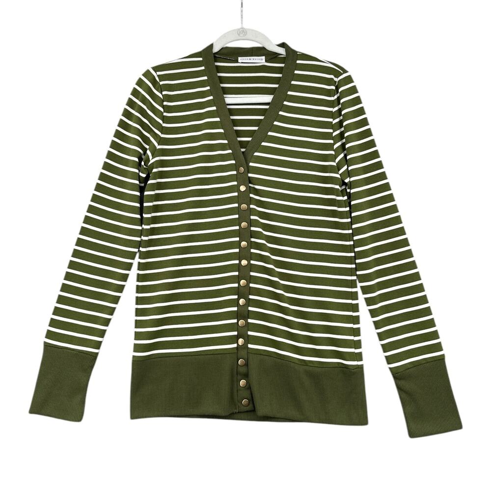 COCO AND MAIN Green White Striped V-Neck Button Down Long Sleeve Cardigan XL